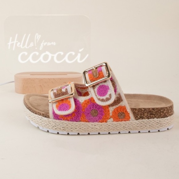 Boho Colorful Crochet Floral Print Double Buckle Strap Platform Sandals - Picture 4 of 5